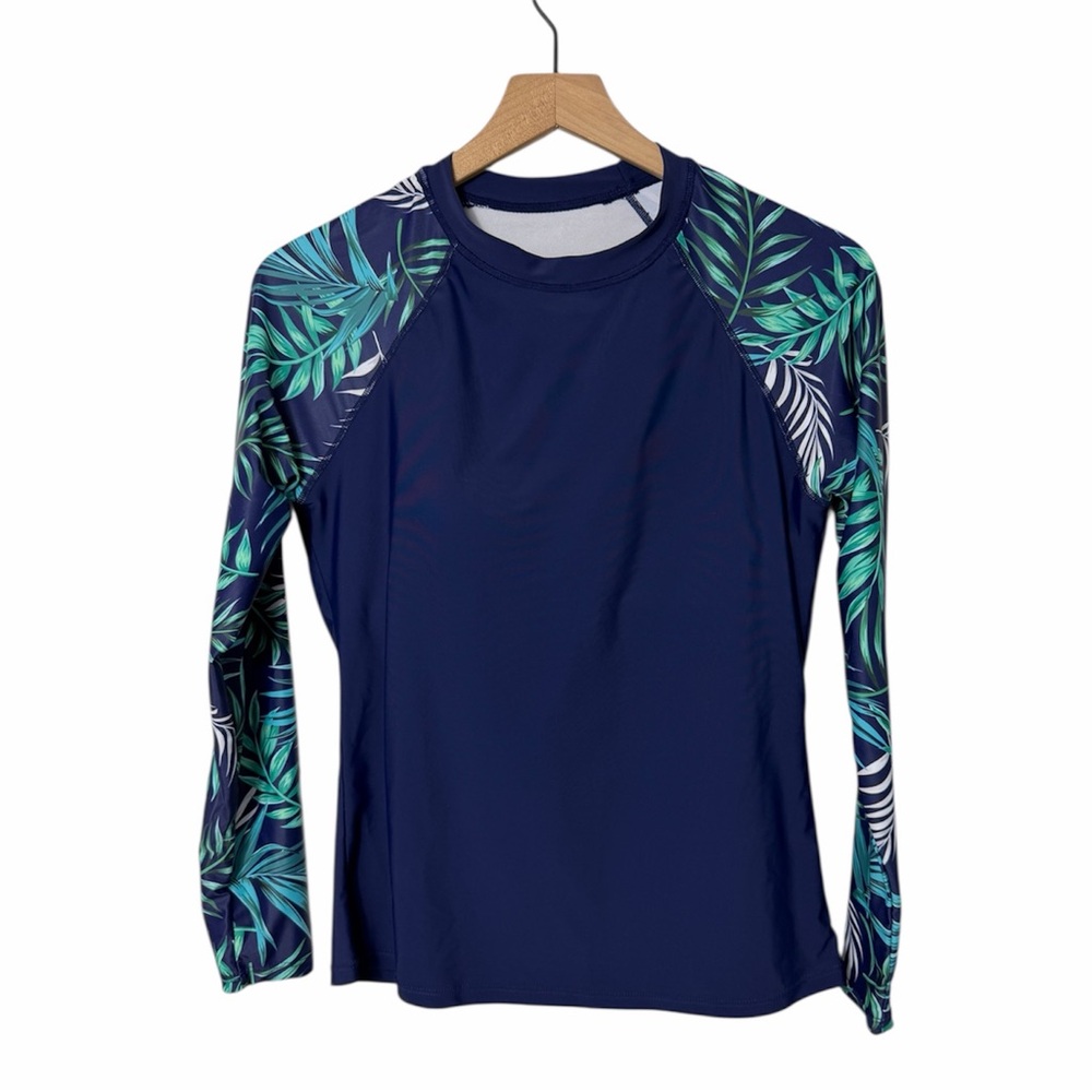 RASHGUARD SWIMMING LEAF GREEN BLUE TROPICAL TOP SUN PROTECTION WOMEN'S MEDIUM